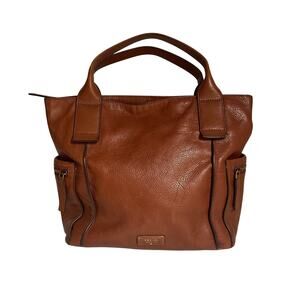 Fossil Brown Leather Tote Bag Large Shoulder Handbag Multi Pocket Zip